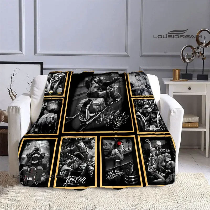 Retro skull motorcycle printed blanket warm Flange blanket Home travel blanket bed linings Picnic blanket birthday gift