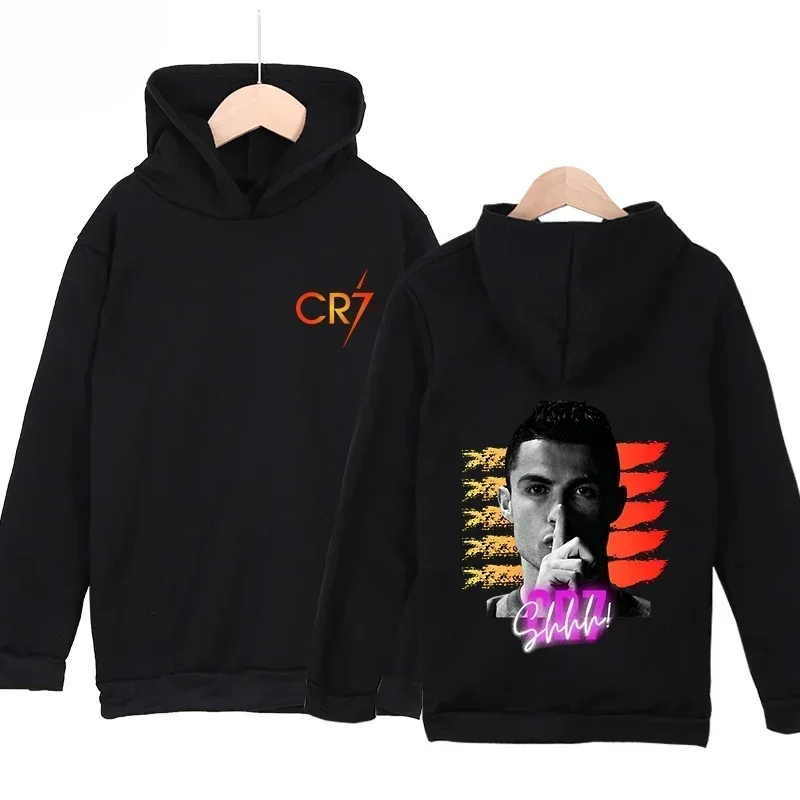 Ronaldo Sudadera con capucha con estampado de doble cara Sudadera de lana para niños Jersey deportivo negro para niños y niñas Ropa de bebé para niños