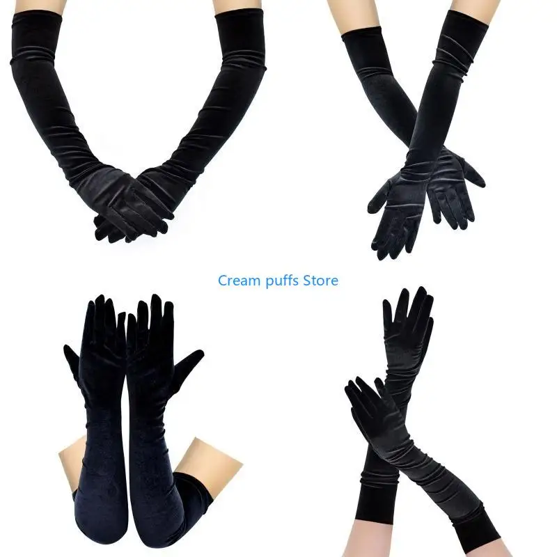 50LE Gold Long Gloves Autumn Winter Dinner Dress Women's Gloves Black Elastic Warm Xmas Halloween Party Gloves