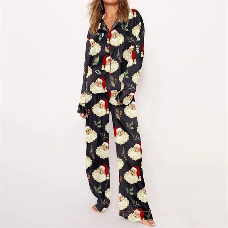 Cute Print Christmas Pajamas Set for Women 2 Piece Slik Satin Santa Matching Set Long Sleeve Shirt Pants Pj Sets Loungewear