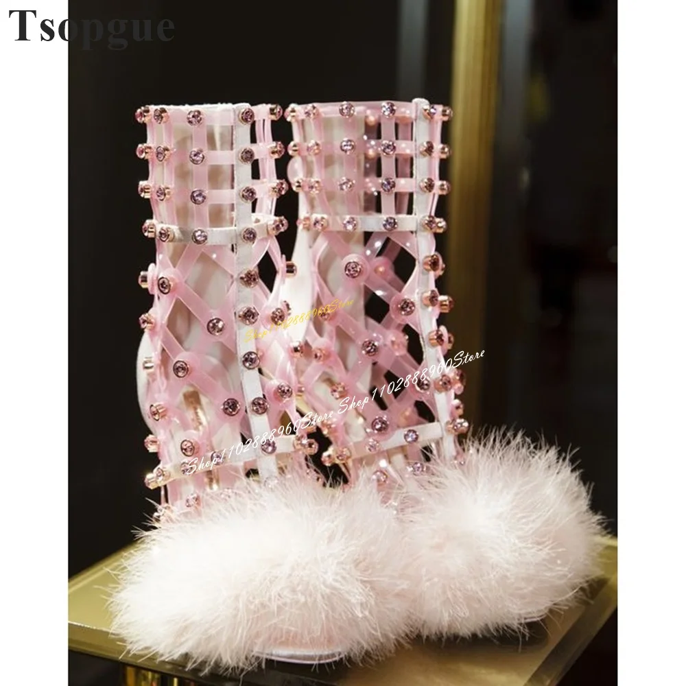 

Luxury Pink Furry Checkered Hollow Crystal Sandals Thin High Heel Women Shoes Back Zipper Open Toe 2024 Sexy Zapatos Para Mujere