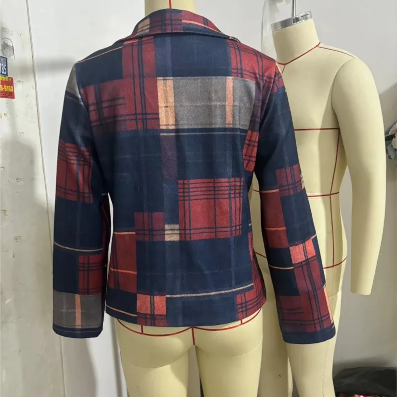 الرجعية منقوشة طباعة المرقعة البدلة سترة أنيقة واحدة الصدر المرأة معطف الخريف طويلة الأكمام جيب القمم الشارع ملابس خارجية #4