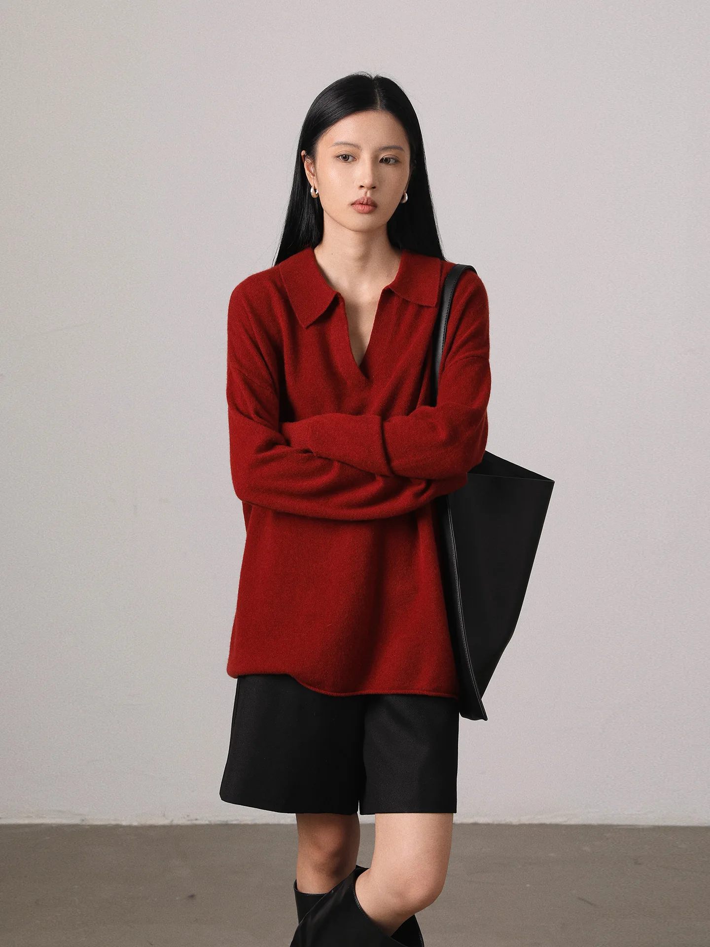 

Свитер Vimore из 100% шерсти, красный, с отложным воротником, свободного кроя, с длинными рукавами, для повседневной носки, теплый