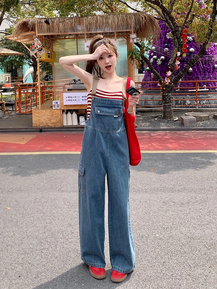 

American Retro Casual Denim Overalls Women Summer Thin Design Loose Trendy Anti-Aging Streetwear Jumpsuit l Waist