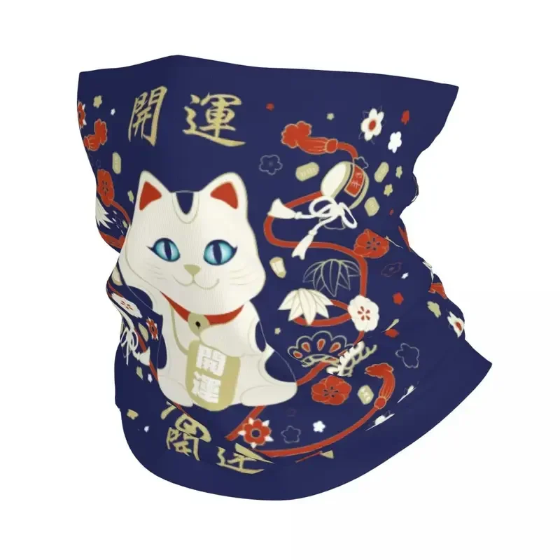 Japanese Maneki Neko Cat With Good Luck Kanji Bandana Neck Gaiter UV Protection Face Scarf Cover Women Headwear Tube Balaclava