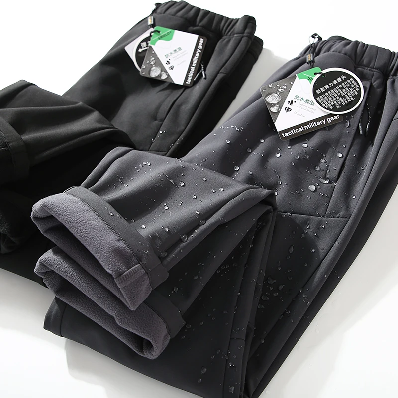 

Мужские повседневные брюки для активного отдыха с флисовой подкладкой и эластичным поясом, осенне-зимние, водонепроницаемые, из полиэстера и хлопка, прямого кроя, длинные