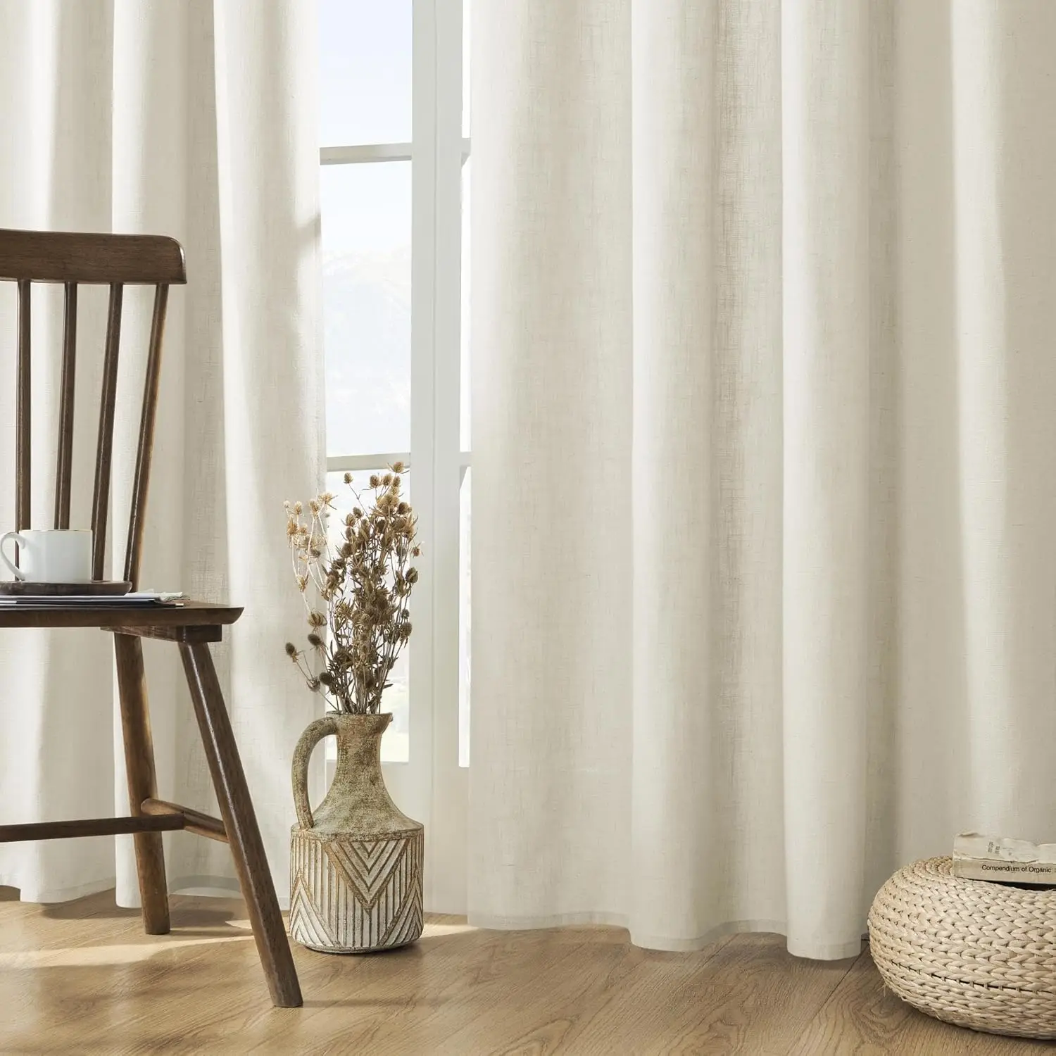 Ivory Linen 2-Panel 96-Inch Curtains, 52 × 96 Inches, Rod-Pocket & Back-Tab Dual Header, Light-Filtering Drapes for Living Rooms & Bedrooms