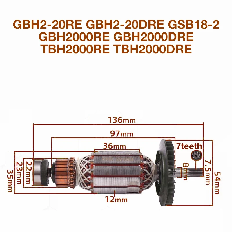 Armature 7teeth Accessories for Bosch GBH2-20RE DRE GSB18-2 TBH GBH2000RE DRE Electric Hammer Armature Rotor Anchor Replacement