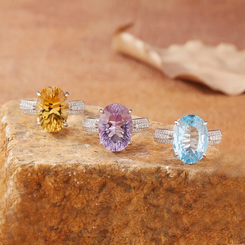 

Кольцо из чистого серебра 925 пробы с красочным драгоценным камнем, хит продаж, натуральный большой топаз, аметист, цитрин, кольцо для женщин, огранка тысячелетия