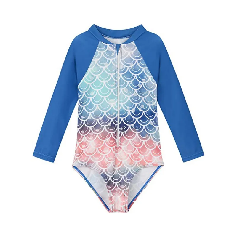 Kids Baby Girl Swimsuits Summer Floral Long Sleeve Zipper Jumpsuit Swimwear Beachwear Bathing Suits 2-7 Years old