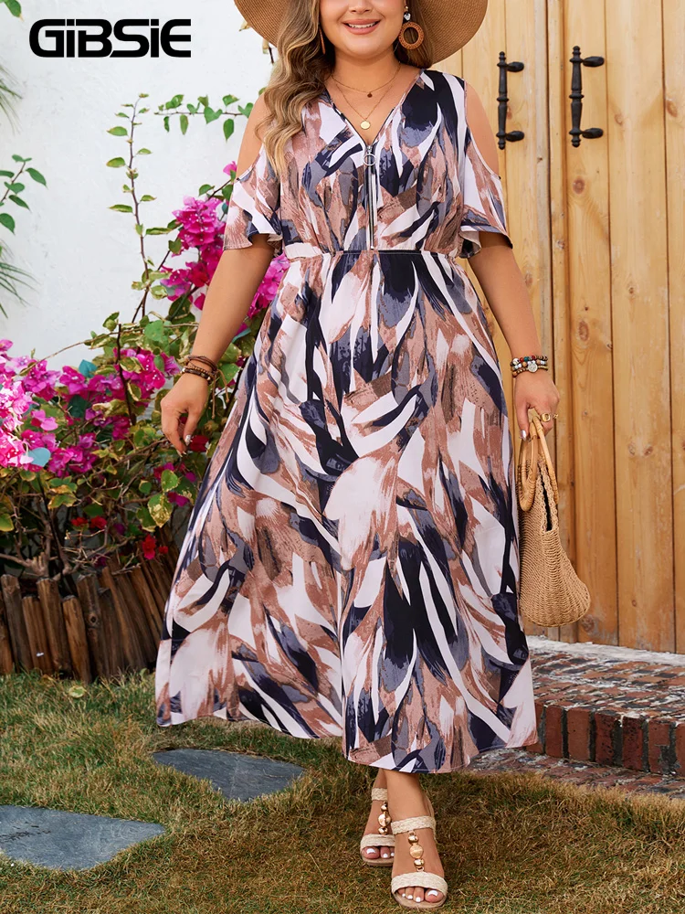 GIBSIE Plus Size Cold shoulder Zipper Front Print Long Dress Women Summer V Neck Beach Vacation Maxi A-Line Dresses 2024 New