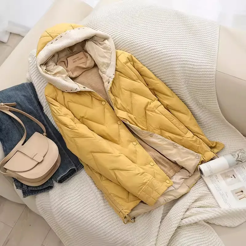 Knitted Patchwork Hooded Down Coat Autumn Winter Women Warm Thick White Duck Down Jacket Parkas Ladies Warm Puffer Outwears