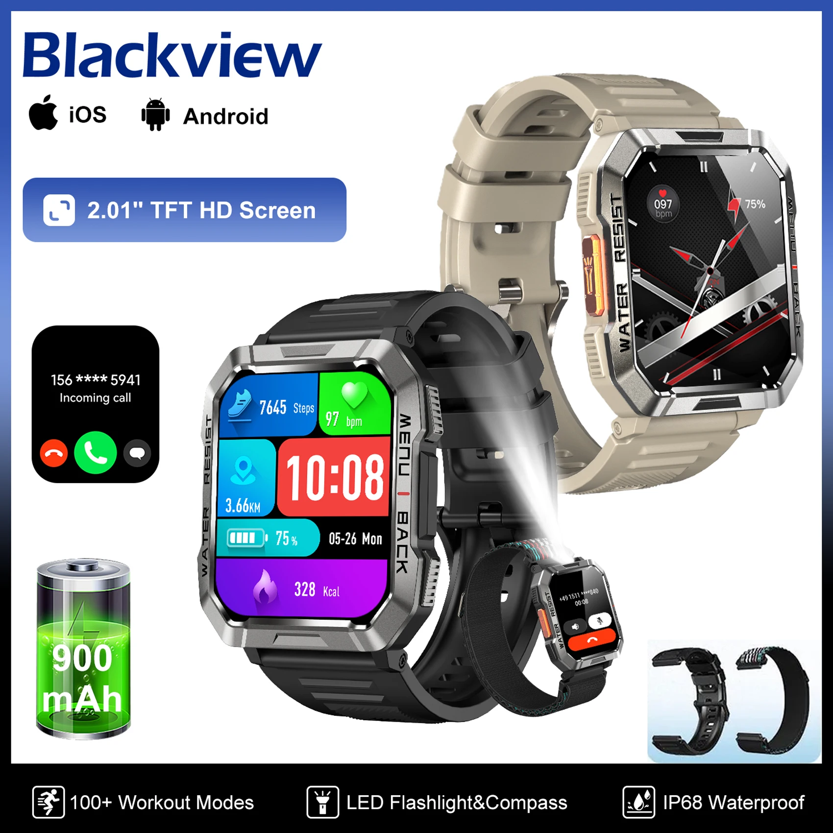 

Blackview уличные водонепроницаемые умные часы с аварийным освещением, аккумулятор 900 мАч, 2,01 дюйма, HD-экран, Bluetooth-часы для мужчин и женщин