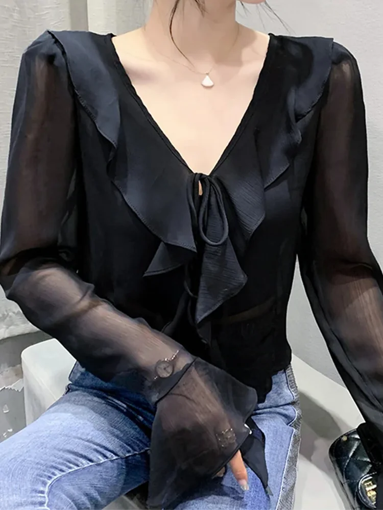 Winsleter Streetwear Clothes Chiffon Blouses Short Sleeve Shirts Ladies Sexy Ruffle V Necks Slim Thin Tops New T36918JM