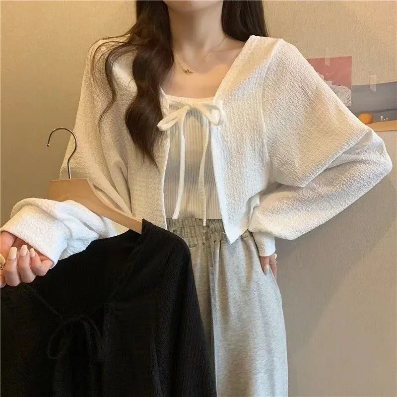 

White Knitted Cardigan Women Fashion Thin Sunscreen Lace-Up Knitwear Tops Y2k Female Korean Style Lantern Sleeve Cropped Coat