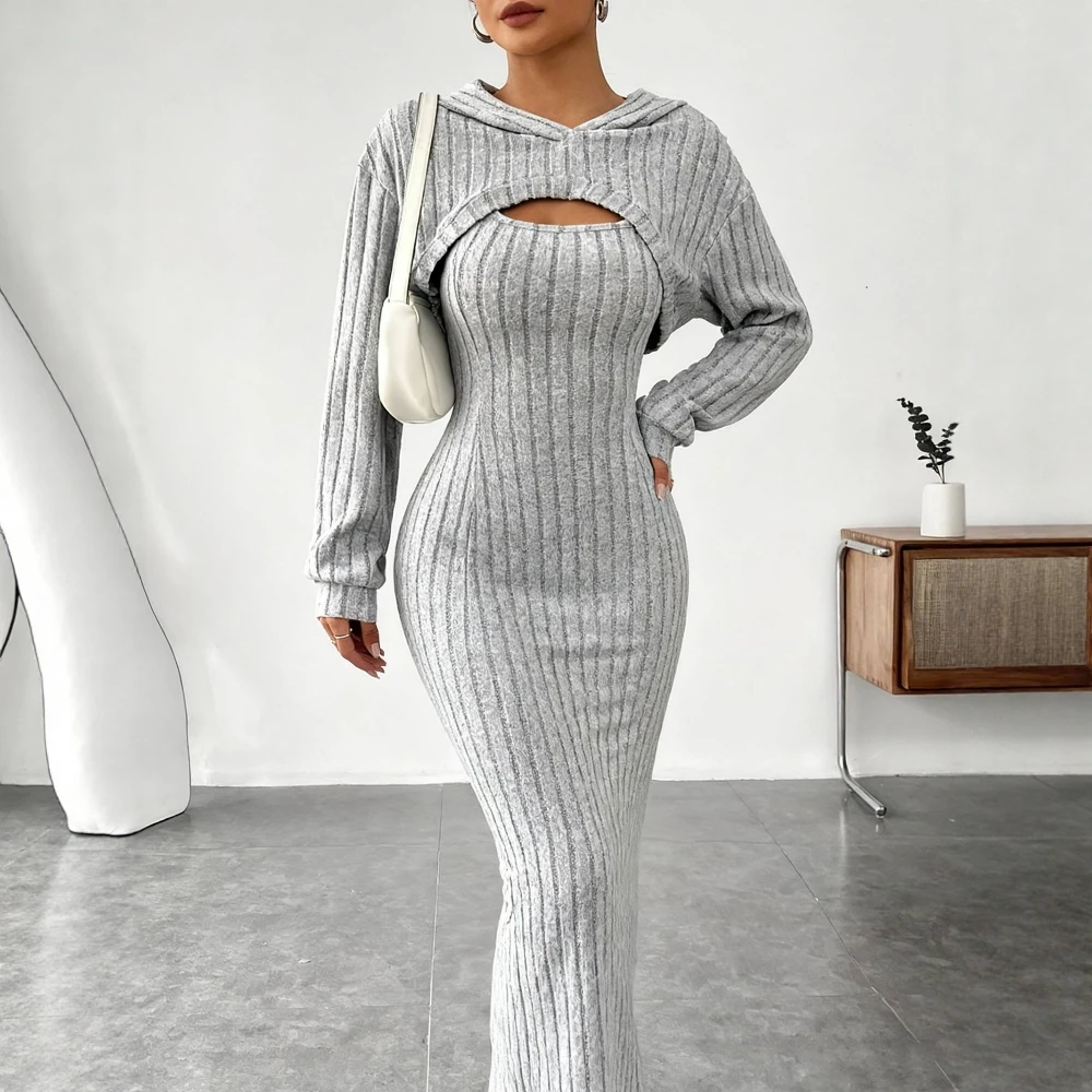 カジュアルな秋のスーツスカートセット、フード付き、ファッショナブルな女性のアンサンブル、装飾なし、快適なカジュアルな秋の服装