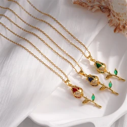 Stainless Steel Colorful Zircon Tulip Pendant Necklace for Women Girls Shiny Crystal Romantic Flower Choker Party Luxury Jewelry