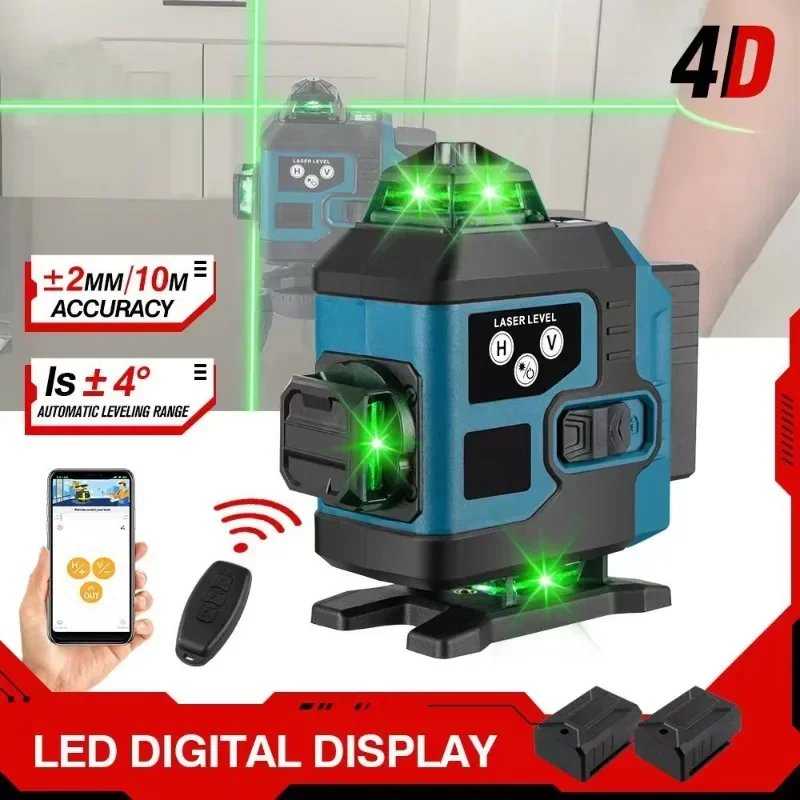 2024 portable 16 line infrared 360° laser level 4d with green light construction tools angle ruler2400ma wall tiling