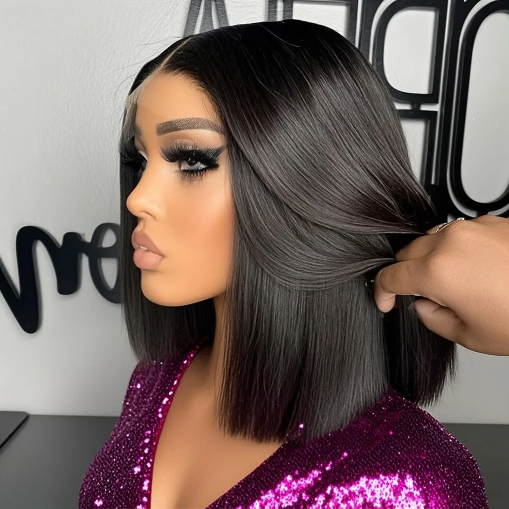 ショートストレートボブウィッグ人毛プレプラッキング透明13x4 13x6レースフロント人毛ウィッグブラジリアングルーレスウィッグすぐに着用可能