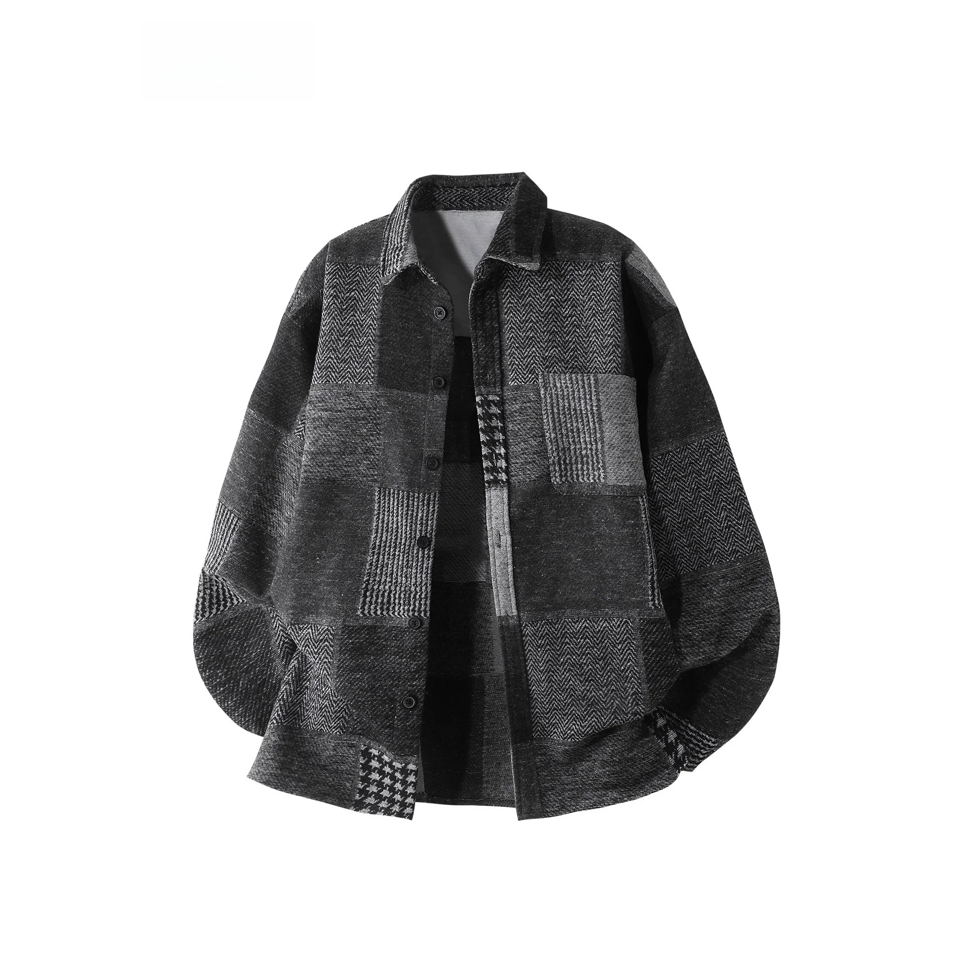 

Retro Japanese Sle Long Sve Patchwork irt Jaet Loose Plaid Autumn Winter Top for Men And Women Casual Sle