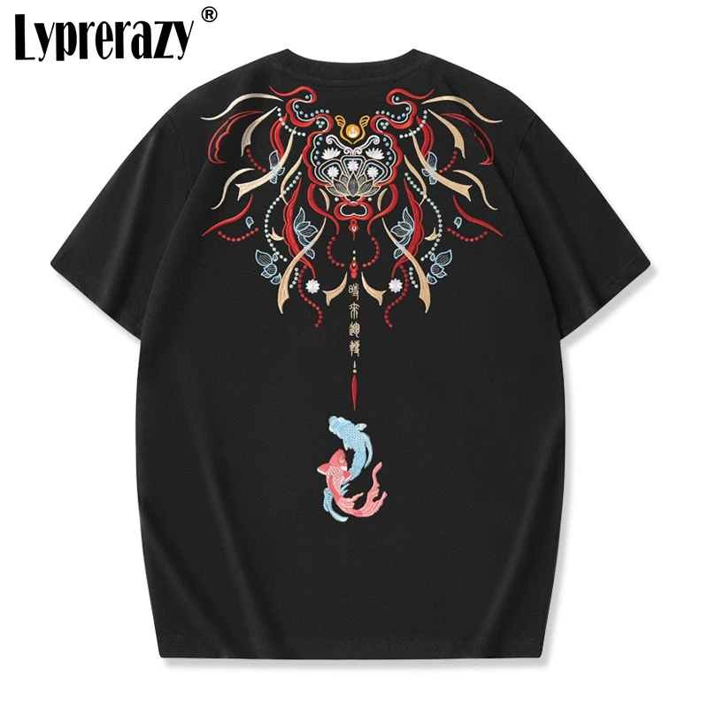 

Lyprerazy Chinese Style Koi Fish Lotus Flower Embroidery Short-sleeved Men T-shirt Summer Cotton Loose Tops Tees