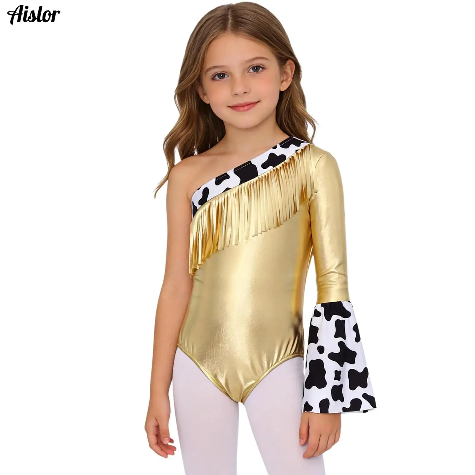 

Kids Girls Western Cowgirls Dress Up Costume Jumpsuit Metallic Long Flare Sleeve Fringed Leotard Crotch Press Buttons Bodysuit