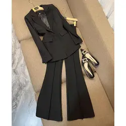 Women Elegant Work Blazer Black Suit Noted Jacket Coat Top And Long Pant Two Piece Set Matching Outfit Office Formal Clothing