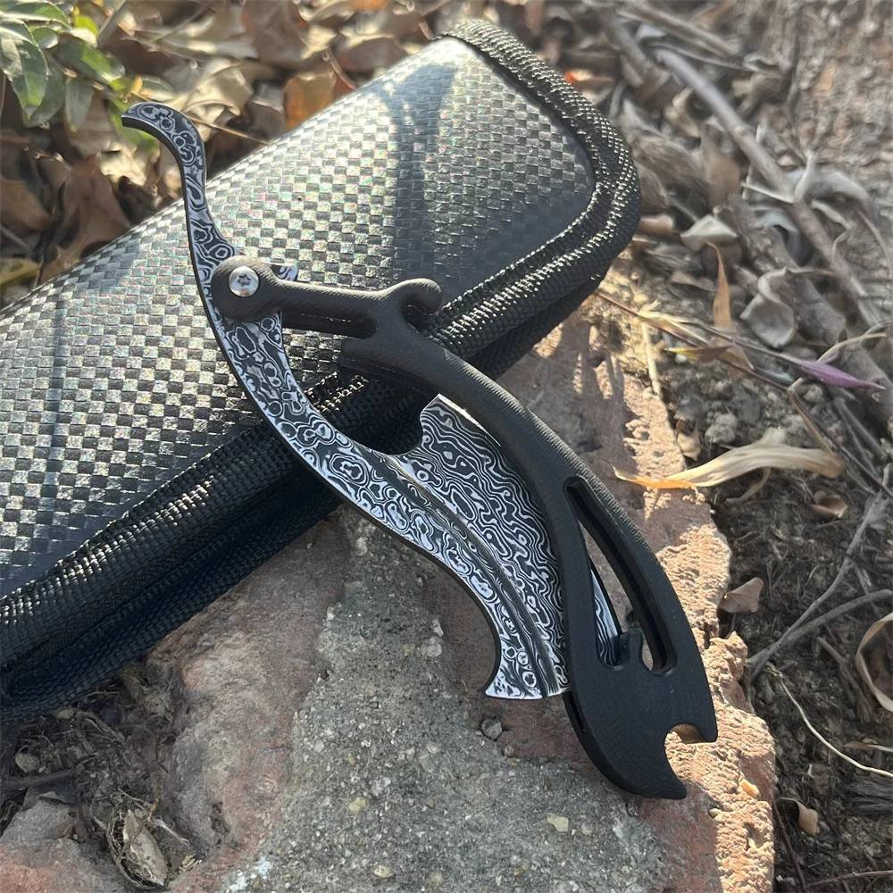 Damascus Steel Folding Knife Black G10 Handle Lightweight Portable Pocket Knife EDC Camping Hiking Daily Unpacking Multi Tool