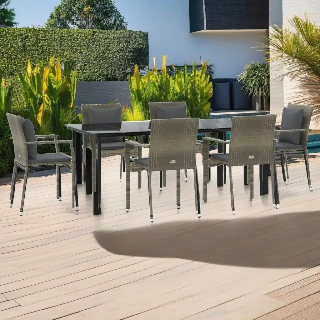 7-Piece Patio Dining Set with Cushions - Black & Gray Poly Rattan Outdoor Furniture