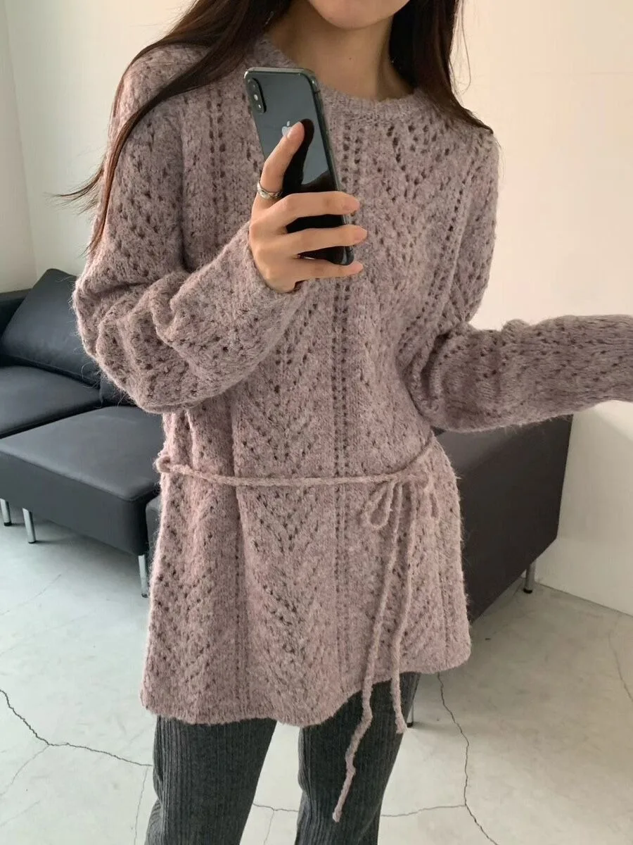 

Женский вязаный свитер с длинными рукавами и круглым вырезом, весенняя новинка, свободный крой, средней длины, с завязками на талии, в корейском стиле