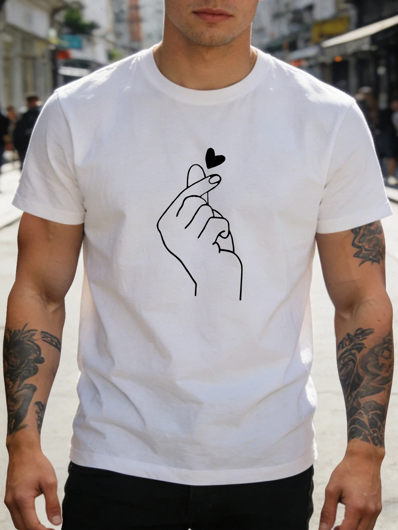 Men Cotton Short Sleeve Crew Neck Tee Minimal Finger Heart Sketch Romantic Print Gift For Boyfriend Casual Summer Daily Top