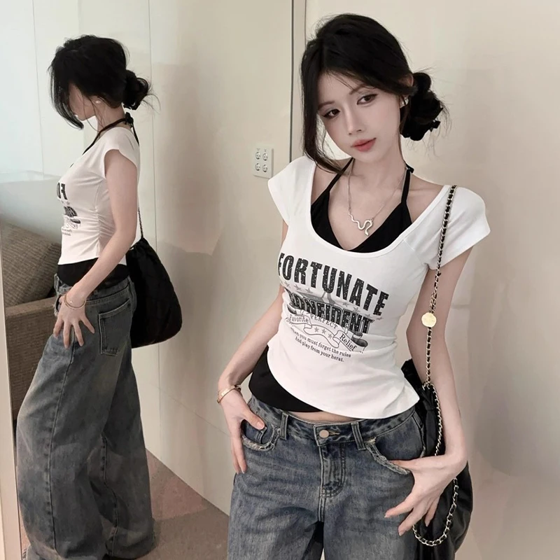 

{MX} 2025 летние милые сексуальные топы с воротником-халтер в стиле пэчворк, тонкая футболка с короткими рукавами и буквенным принтом для женщин и девочек