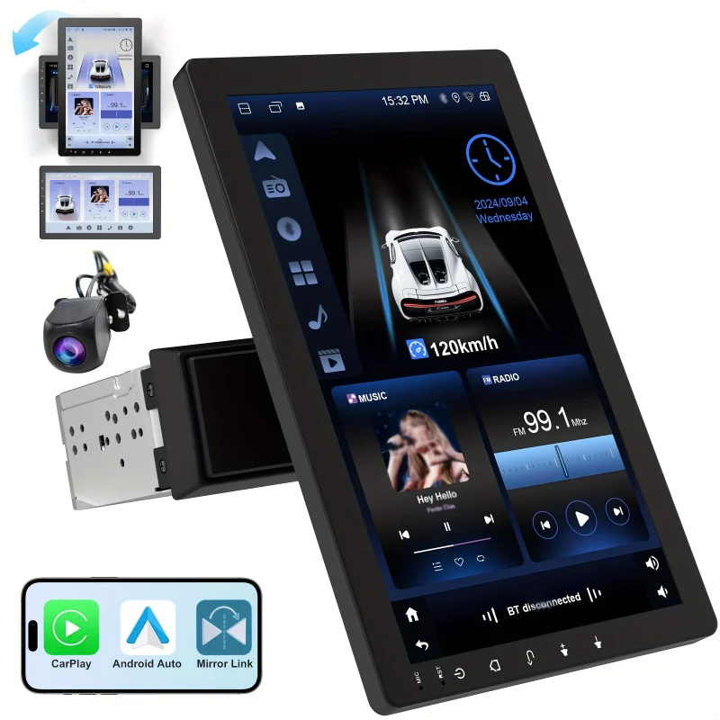 Автомобильный дисплей с 10-дюймовым вращающимся экраном — 360° ° Регулируемый беспроводной режим CarPlay/Android Auto и PIP, эффект улучшения звука DSP Автомобильный дисплей с 10-дюймовым вращающимся экраном — 360° ° Регулируемый беспроводной режим CarPlay/Android Auto и PIP, эффект улучшения звука DSP