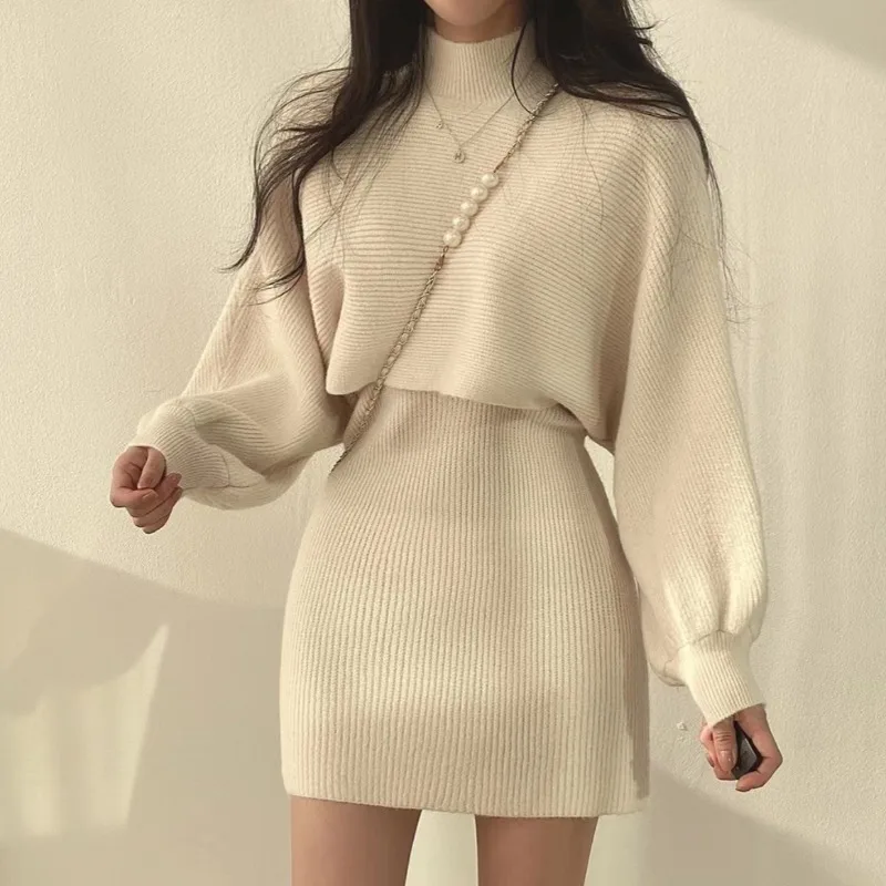 

Women's High Neck Knitted Sweater And High Waist Skirt Two-Piece Set Autumn Winter Fashion Ensemble Short Skirt