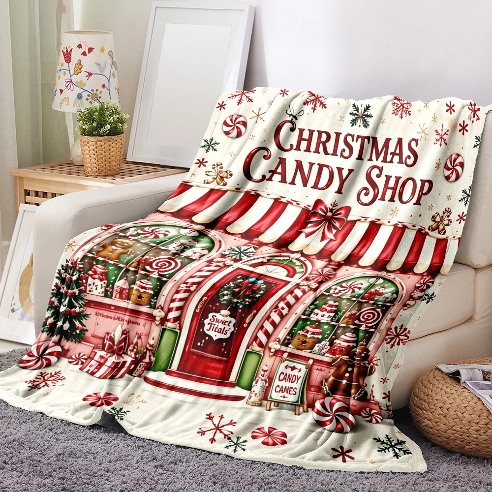 1PC Christmas Candy Shop Print Blanket-made of soft, fluffy flannel, perfect for a sofa, bed or lounge chair. Ideal for Christma