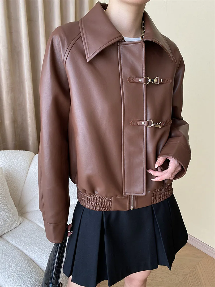 

Fashion Leather Coat Women Short Jacket Spring Autumn Loose Motorcycle Outerwear Streetwear Female Black PU Leather Casual Tops