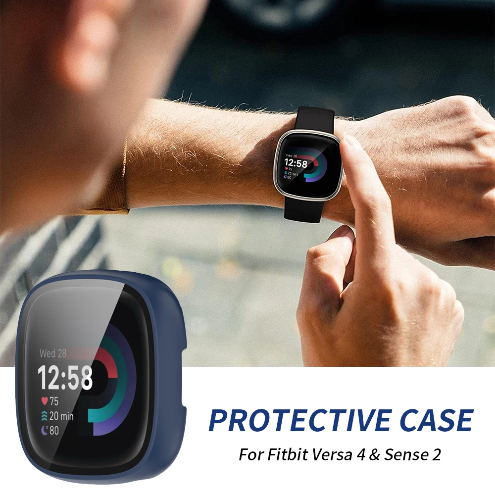 Vetro + custodia per Fitbit Versa 4 orologio paraurti protettivo Hard PC impermeabile Shell HD Screen Protector per Versa Sense 2 Watch Cover