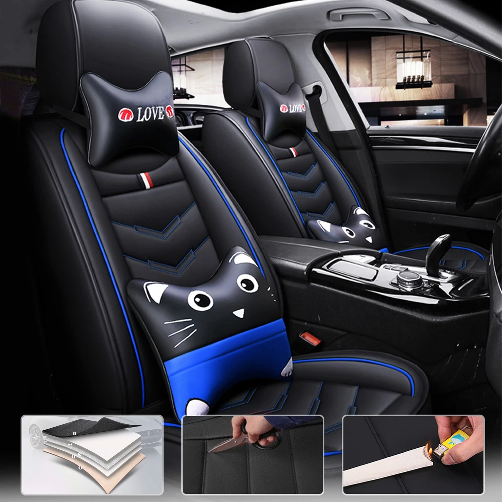 Luxury designed universal seat covers in 5 black and blue colors, including headrest and lumbar pillow standard waterproof