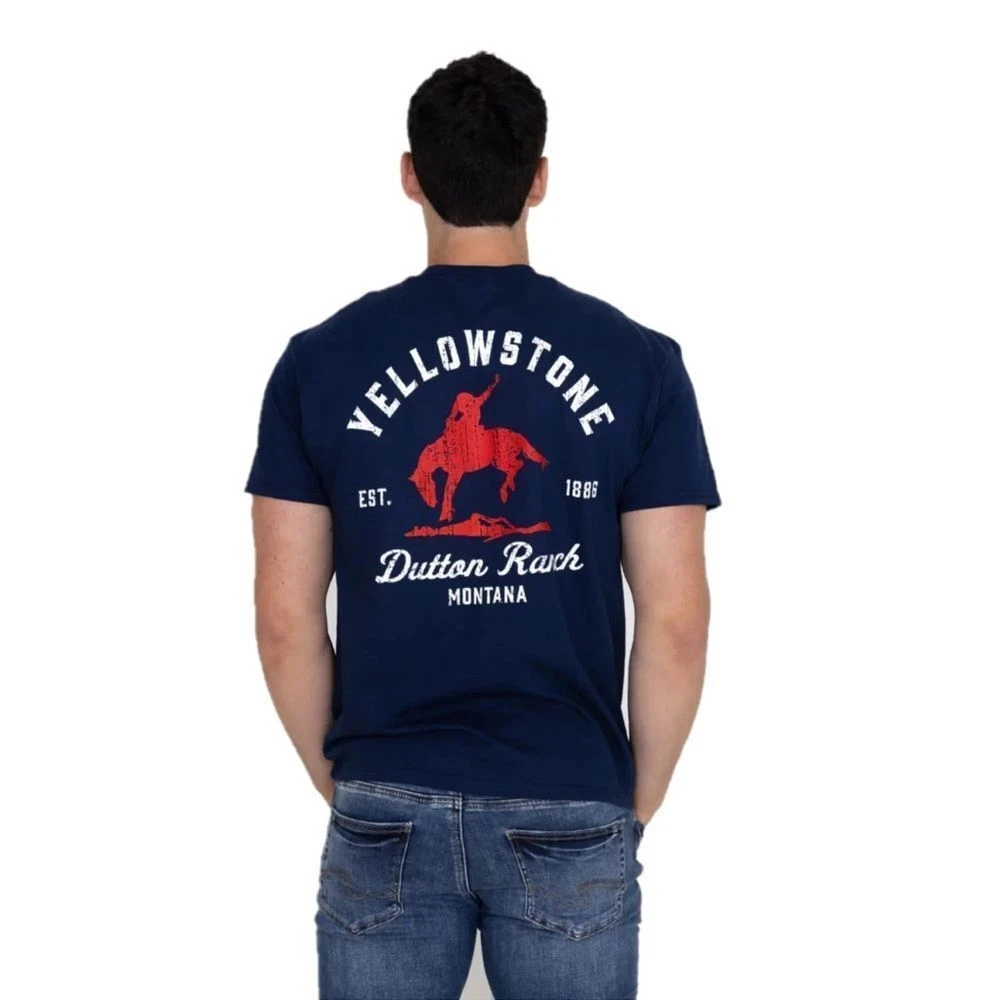 تي شيرت رجالي من Yellowstone Dutton Ranch لعام 2025 باللون الأزرق الداكن ورسومات مزدوجة الجوانب فاخرة راقية لكل من الرجال والنساء قميص صيفي Y2k
