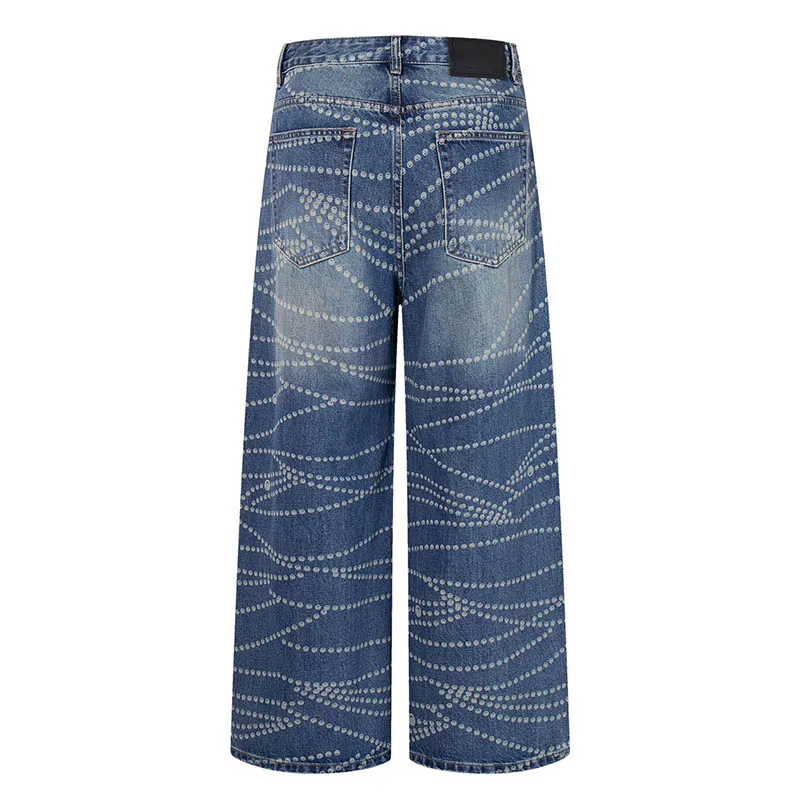Hi Street Vintage Printed Jeans Pants Blue Streetwear Loose Denim Trousers For Male Hip Hop