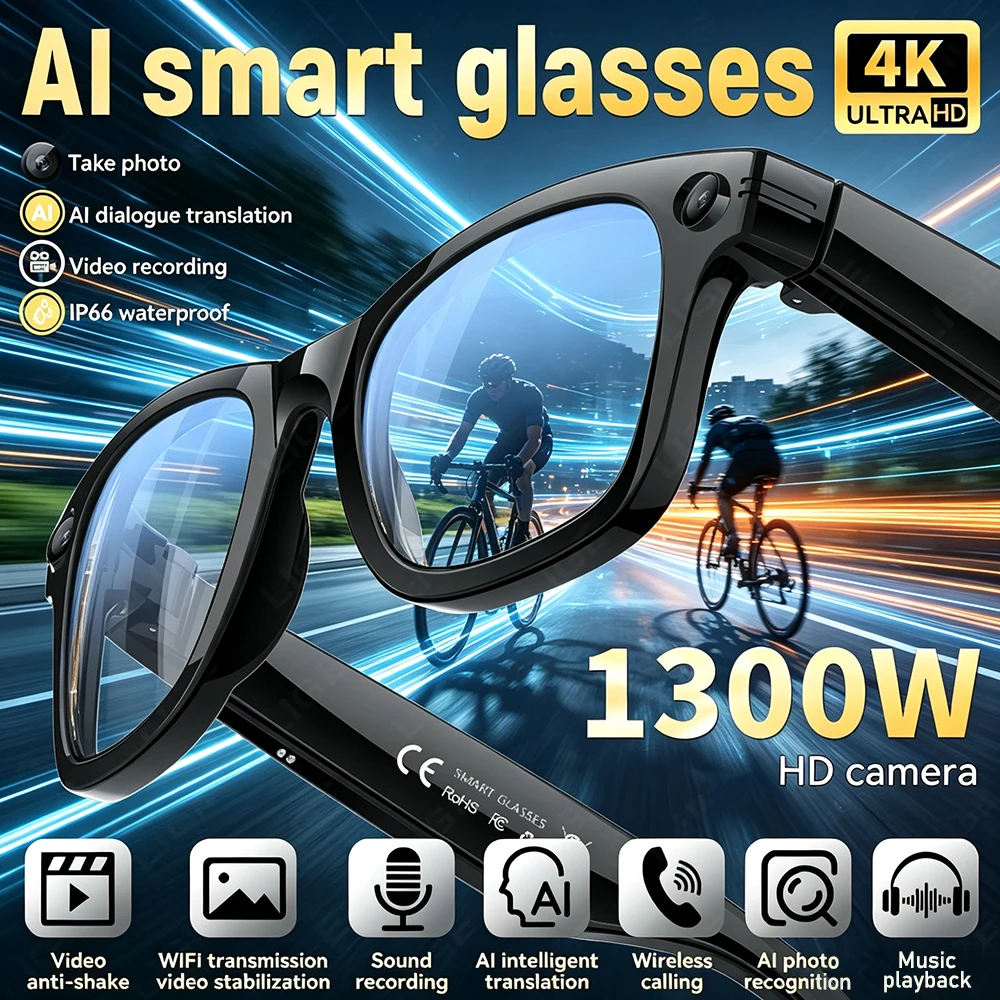 Cycling Smart Glasses 4K HD Camera Video Recorder Bluetooth Call AI Translation ENC Noise Reduction Bicycle Riding Sport Glasses