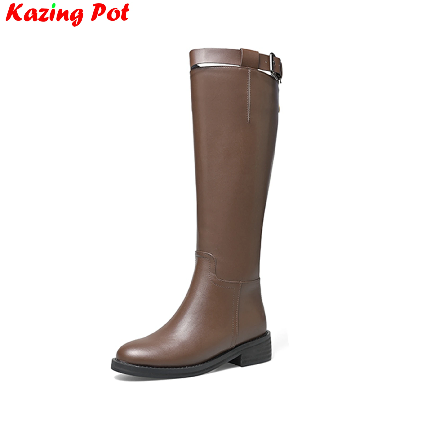 

Krazing Pot Big Size 34-46 Cow Leather Chunky Med Heels Riding Long Boots Brand Luxury Belt Buckle Winter Women Thigh High Boots