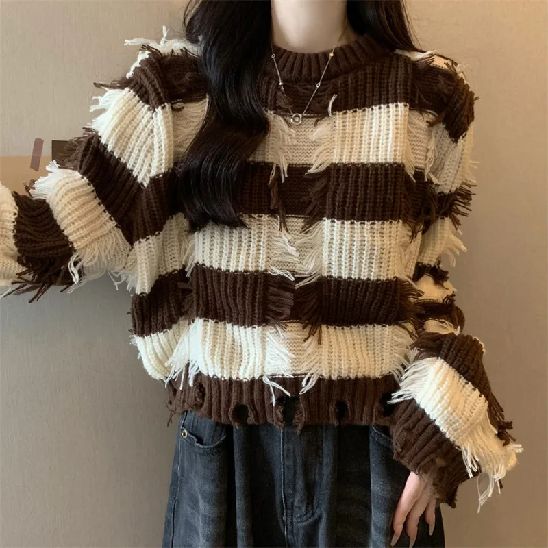 

Korean Casual Style Striped Pullovers Women's 2025 Autumn Versatile Loose Frayed Long Sleeve Knitted Sweater Female Clothes B346