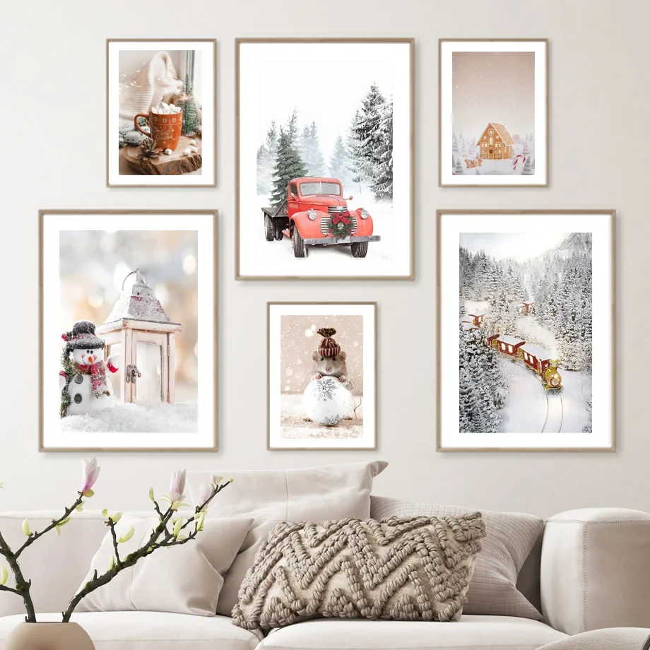 2025 Winter Christmas Train Santa Claus Snow Wall Art Canvas Painting Nordic Posters Prints Wall Pictures For Living Room Decor