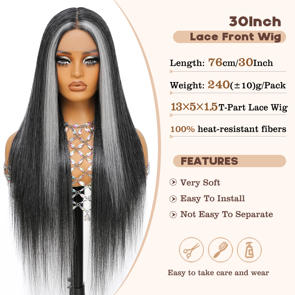 13x5 Т-образные кружевные парики Синтетические 30-дюймовые прямые парики фронта шнурка Термостойкое волокно Бесклеевые предварительно выщипанные парики из натуральных волос