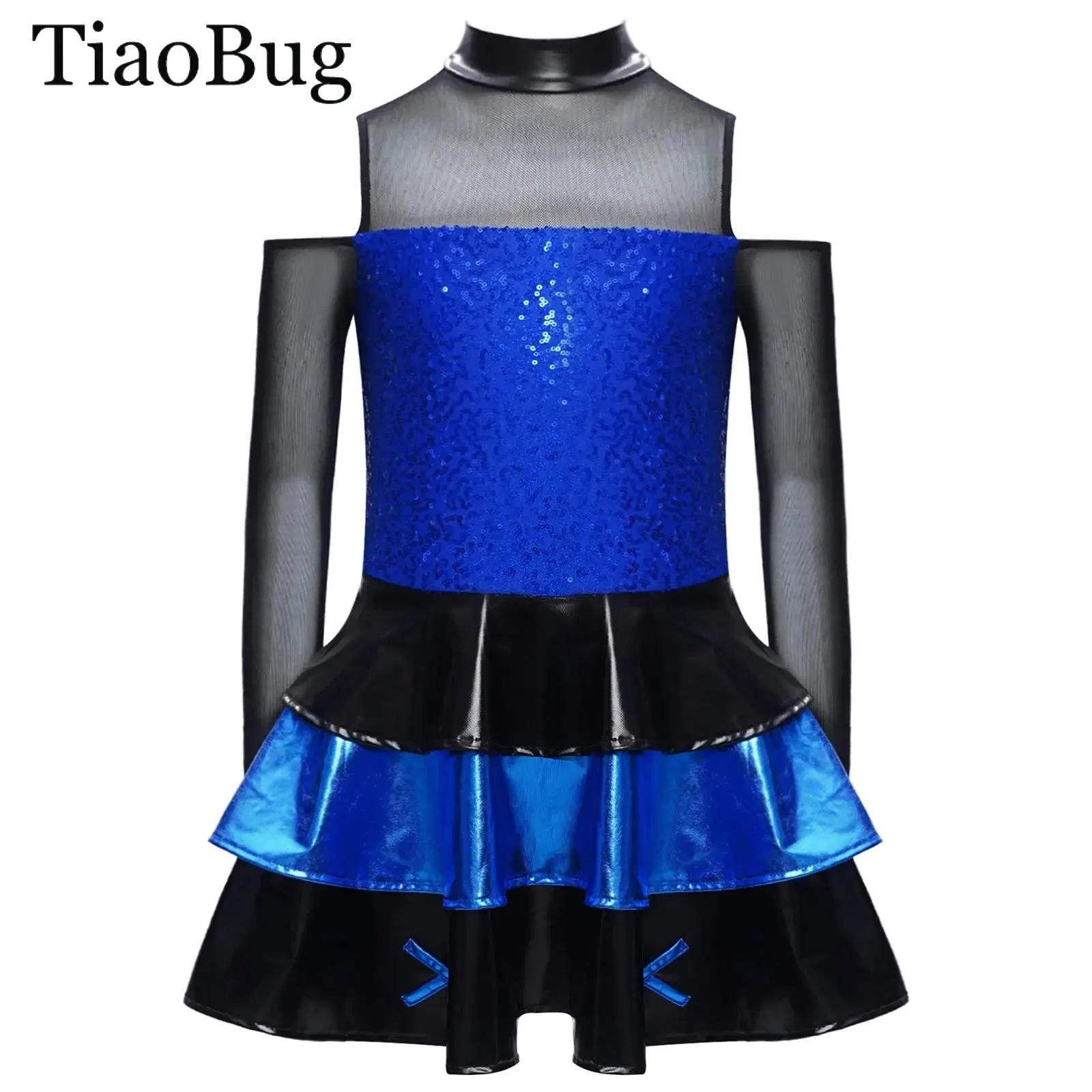 女の子用キラキラ輝くスパンコールモダンジャズダンスドレス長袖コールドショルダーティアードフリルバレエドレスヒップホップチャチャ社交ダンス衣装