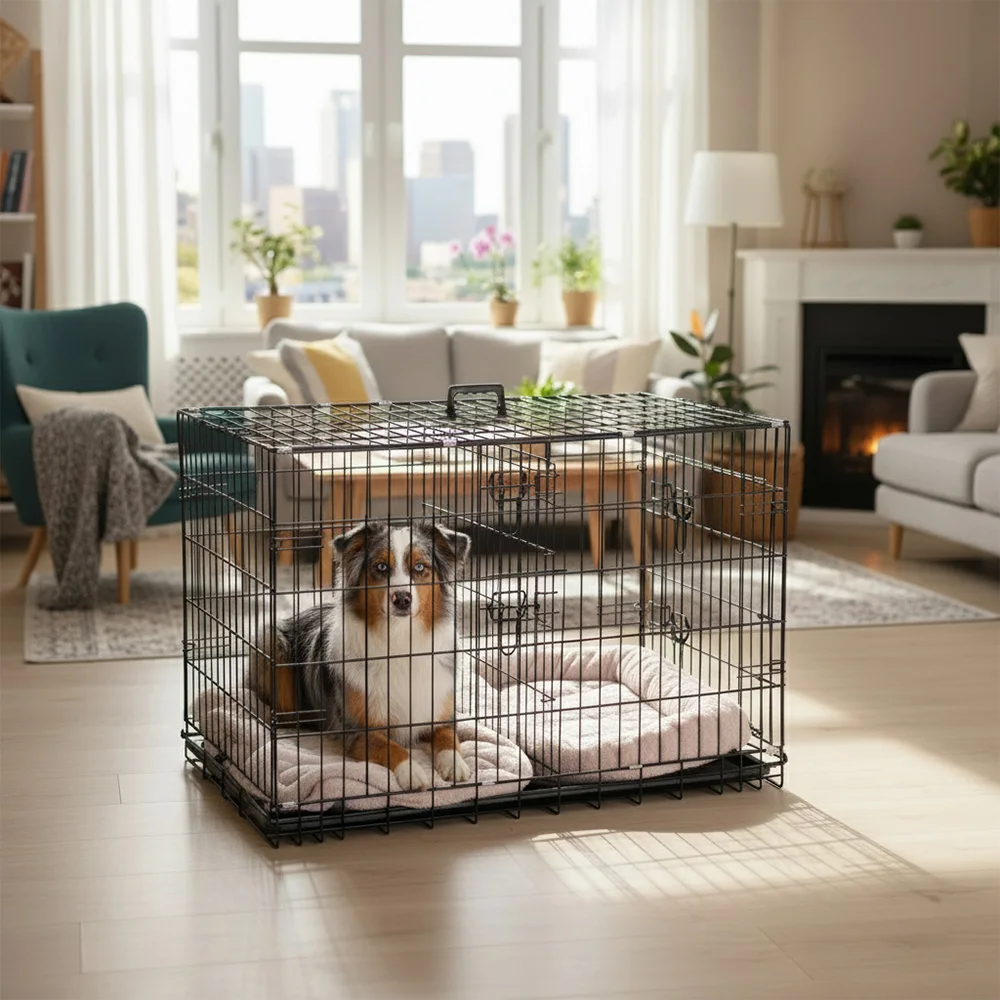 

Large 48 Inch Dog Crate, Folding Metal Wire Dog Kennel with Double Door, Removable Tray & Divider Panel, Pet Cage for Large Pets