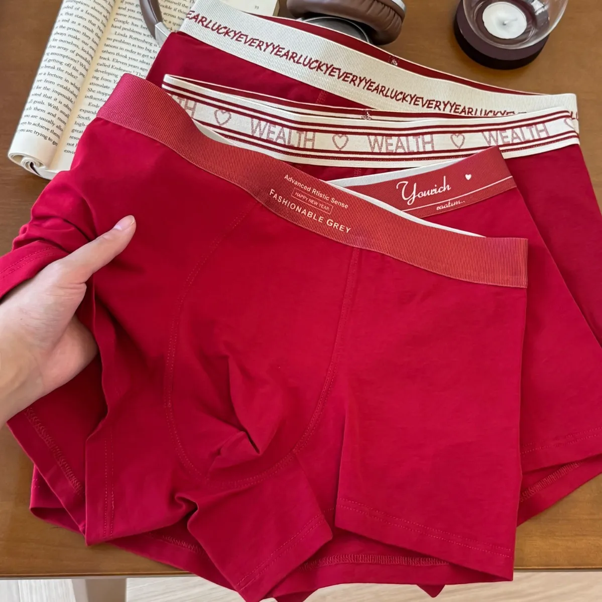 

3pcs Lucky Red Men's Boxer Briefs - 100% Cotton Birthday & New Year Underwear NS127