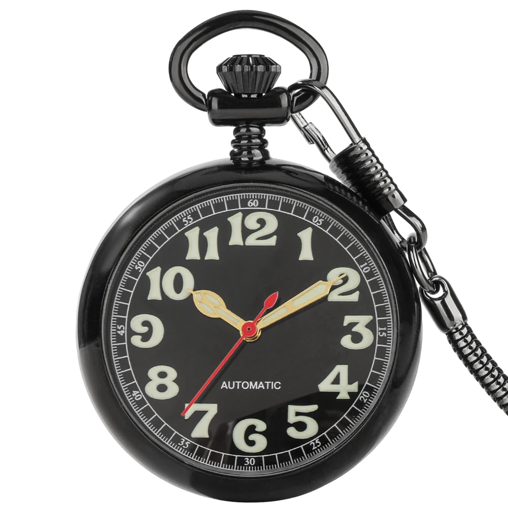 

Red Seconds Luminous Arabic Numerals Display Automatic Mechanical Pocket Watch Snake Type Fob Chain Pendant Clock Gift Male