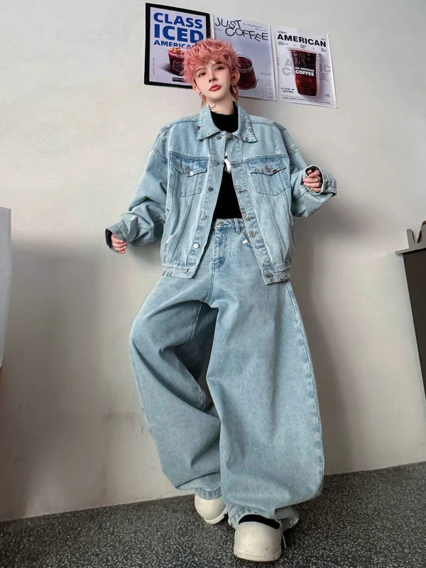 

Комплект из джинсовой куртки и брюк с широкими штанинами для мужчин, весенняя коллекция, модная верхняя одежда с воротником, трендовый брендовый костюм-двойка